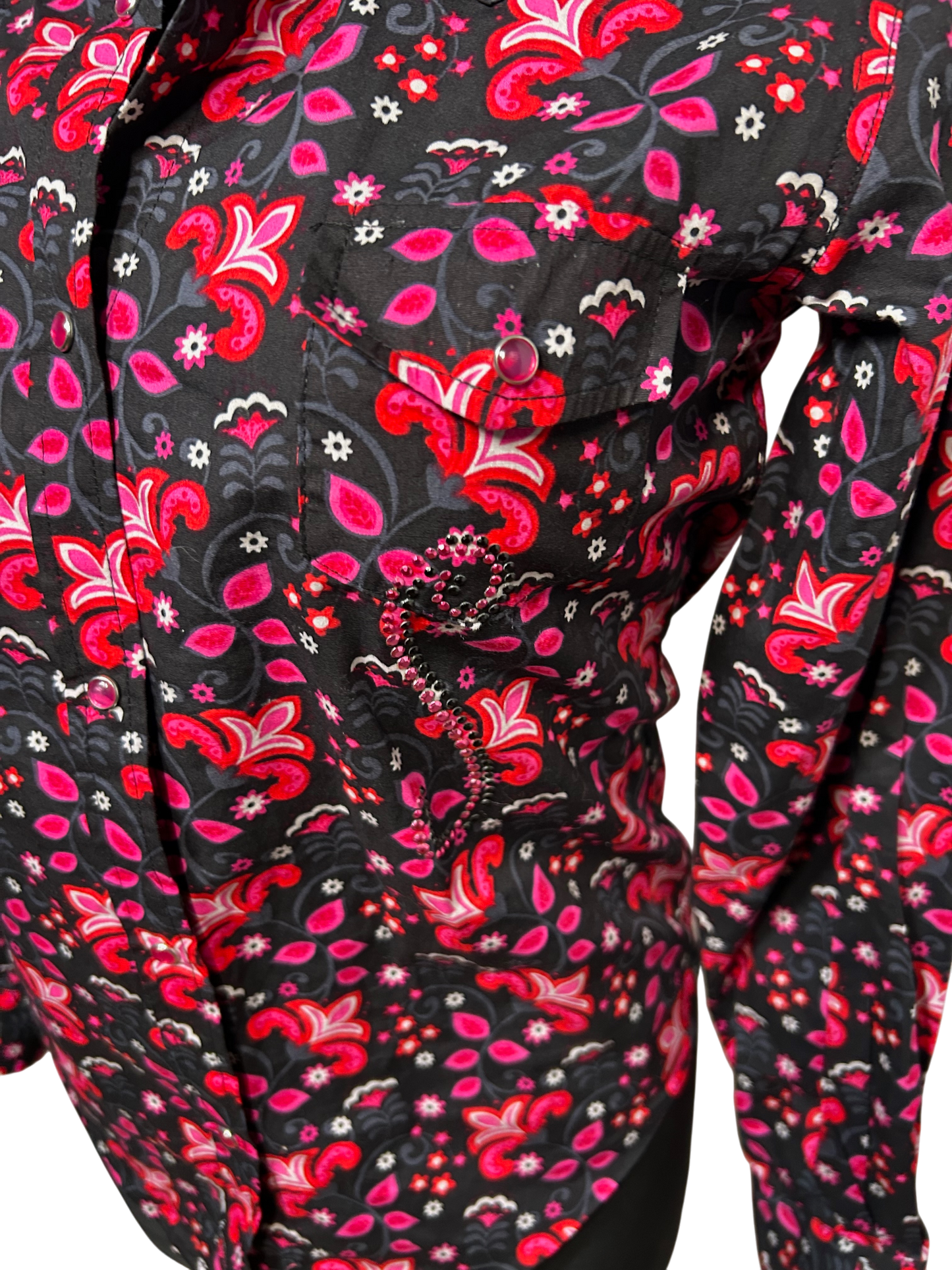 Damen Bluse Western Gr S Schwarz Pink Baumwolle Druckknöpfe Glitzer Vintage