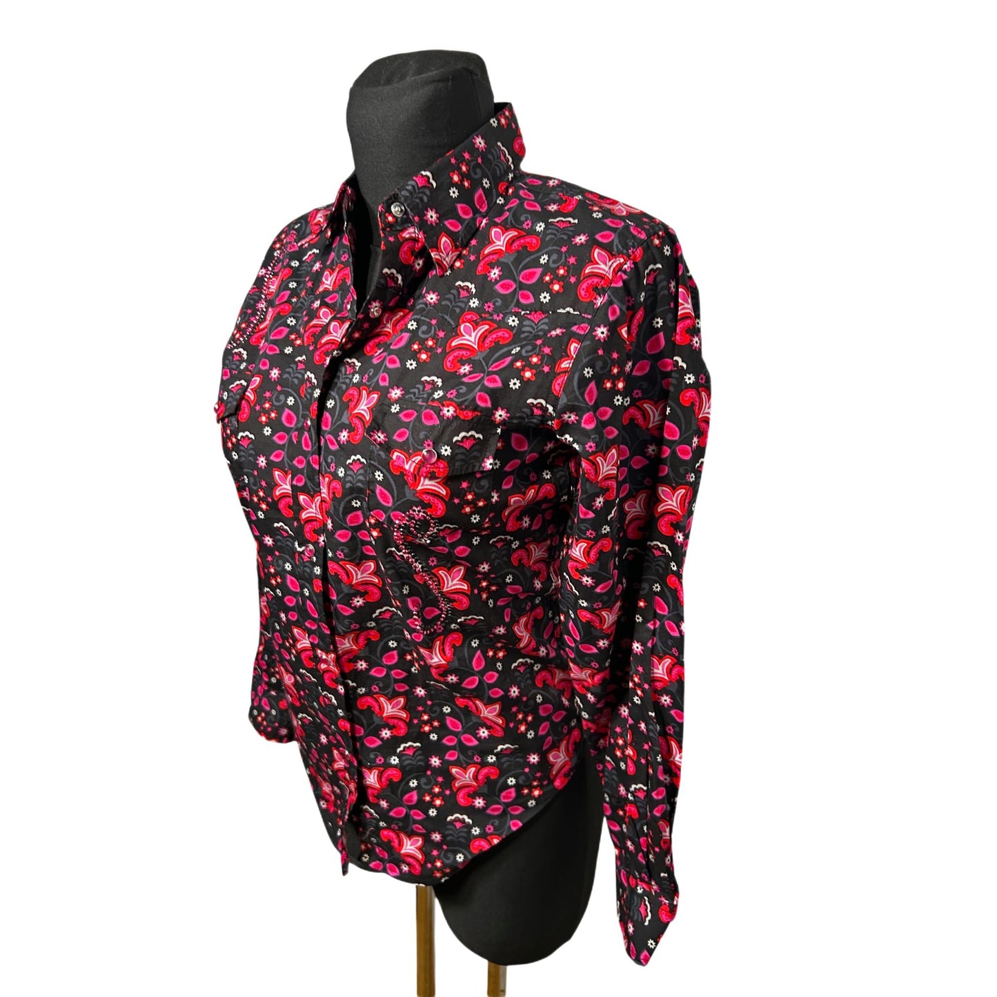 Damen Bluse Western Gr S Schwarz Pink Baumwolle Druckknöpfe Glitzer Vintage