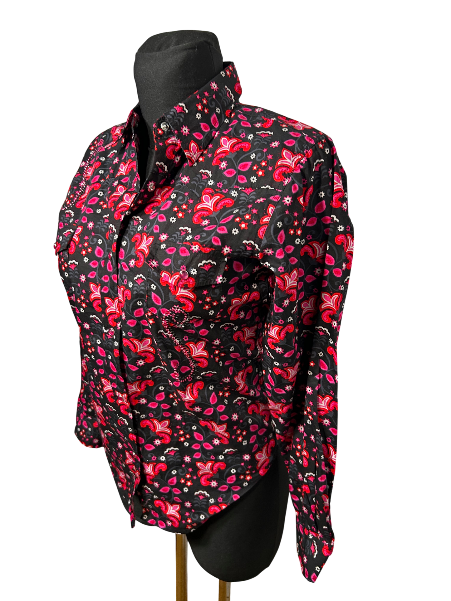 Damen Bluse Western Gr S Schwarz Pink Baumwolle Druckknöpfe Glitzer Vintage