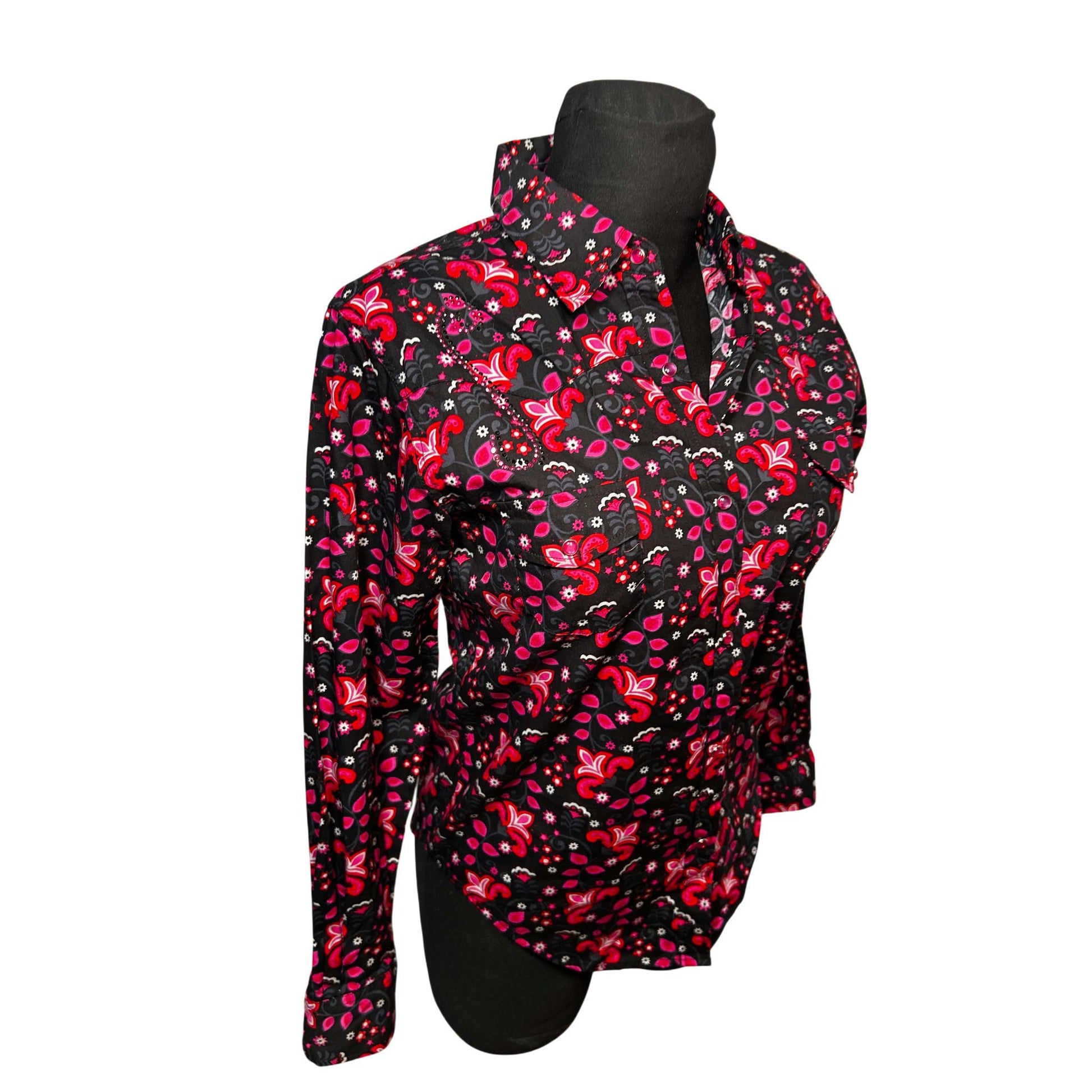 Damen Bluse Western Gr S Schwarz Pink Baumwolle Druckknöpfe Glitzer Vintage