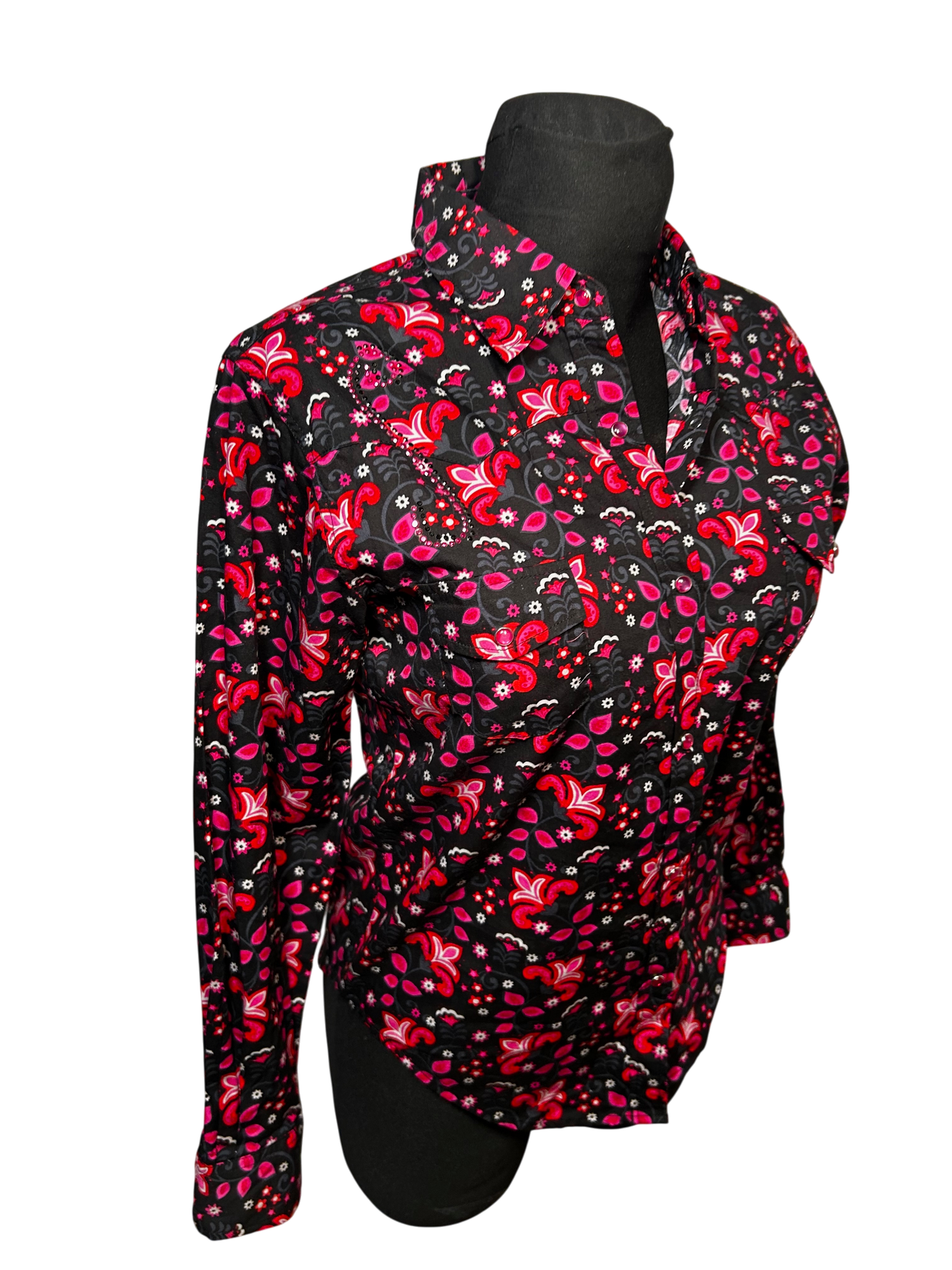 Damen Bluse Western Gr S Schwarz Pink Baumwolle Druckknöpfe Glitzer Vintage