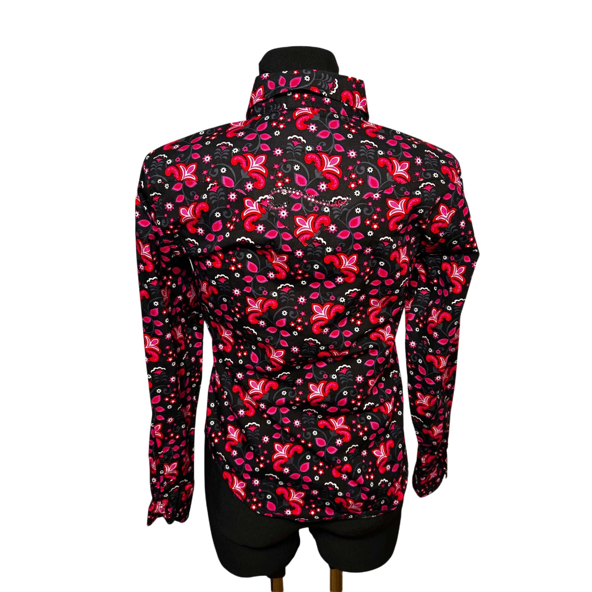 Damen Bluse Western Gr S Schwarz Pink Baumwolle Druckknöpfe Glitzer Vintage