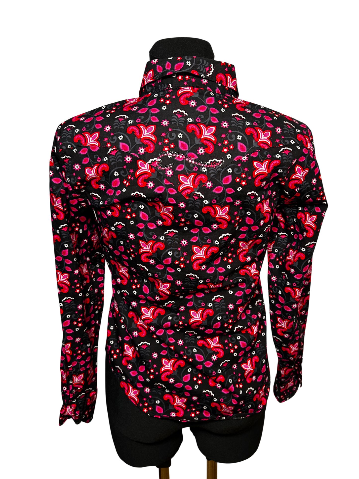 Damen Bluse Western Gr S Schwarz Pink Baumwolle Druckknöpfe Glitzer Vintage