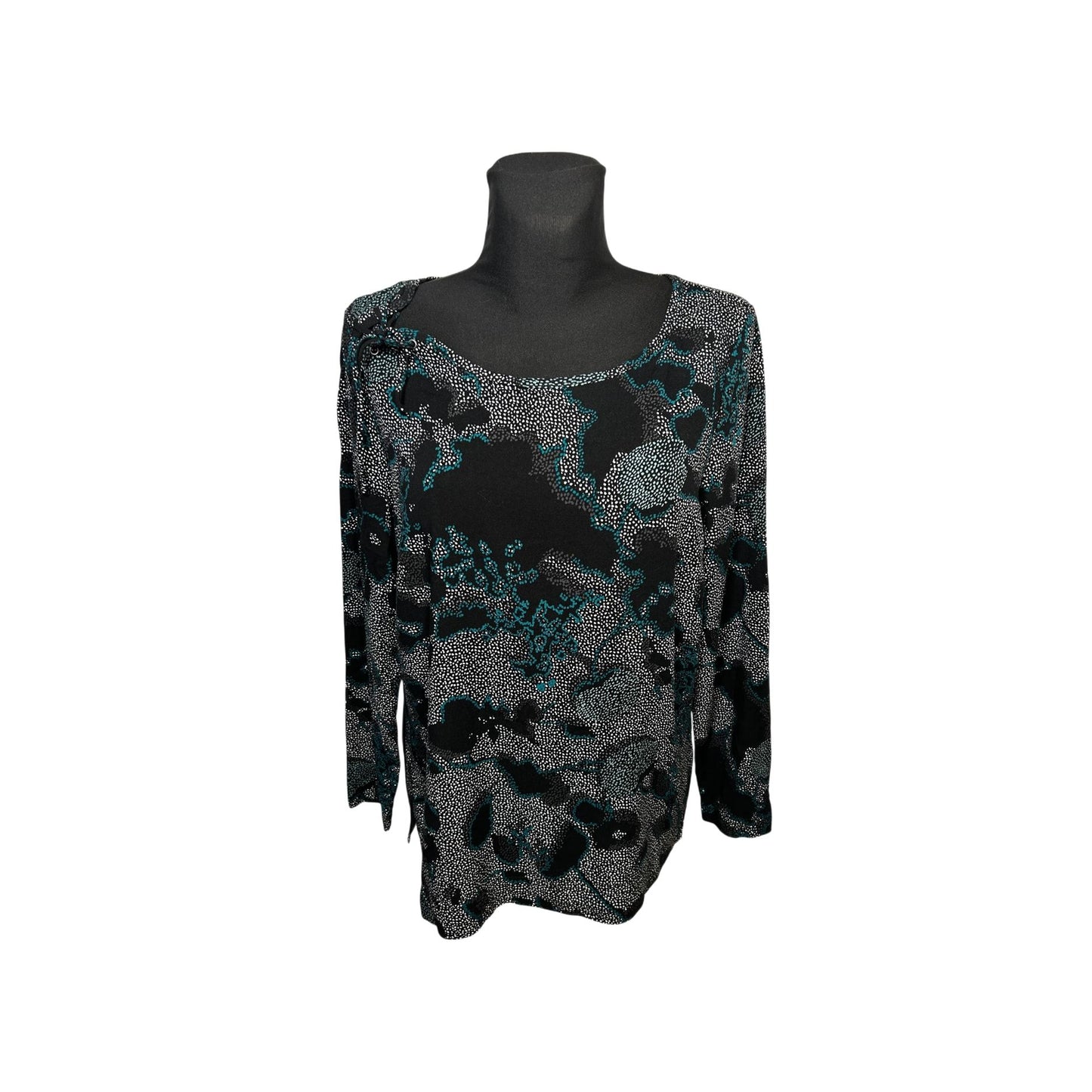 Damen Bluse Langarm Gr 38 Schwarz Grün Viskose Elegant Print Oberteil Modern