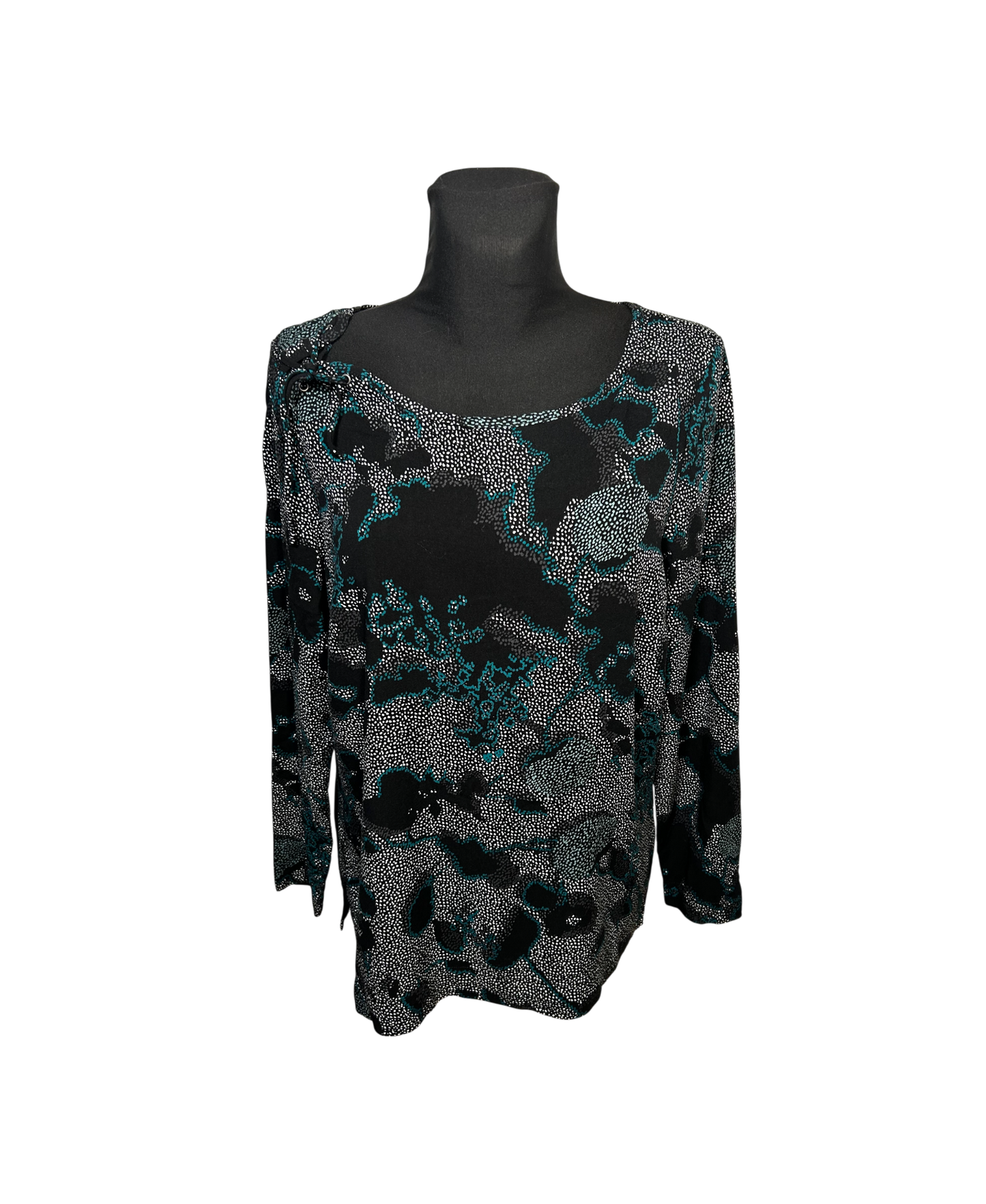 Damen Bluse Langarm Gr 38 Schwarz Grün Viskose Elegant Print Oberteil Modern