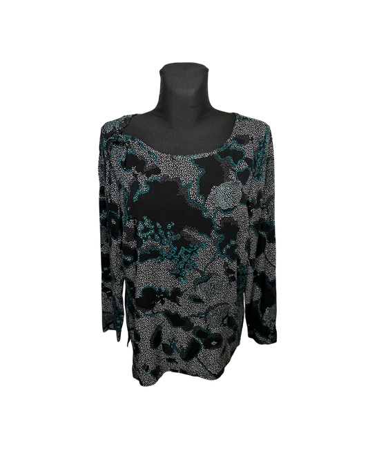 Damen Bluse Langarm Gr 38 Schwarz Grün Viskose Elegant Print Oberteil Modern