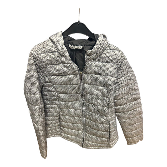 Janina Damenjacke Gr 36 Grau Muster Kapuze Steppjacke Gefüttert 62 cm
