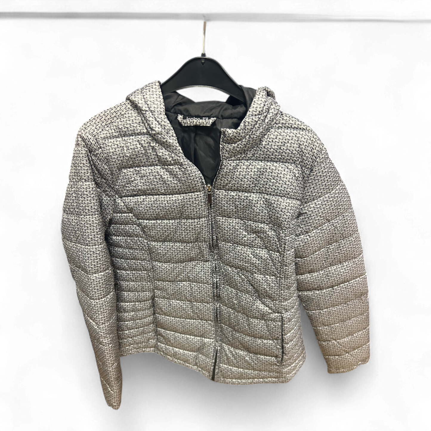 Janina Damenjacke Gr 36 Grau Muster Kapuze Steppjacke Gefüttert 62 cm