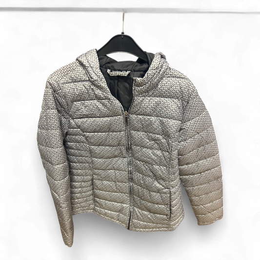 Janina Damenjacke Gr 36 Grau Muster Kapuze Steppjacke Gefüttert 62 cm