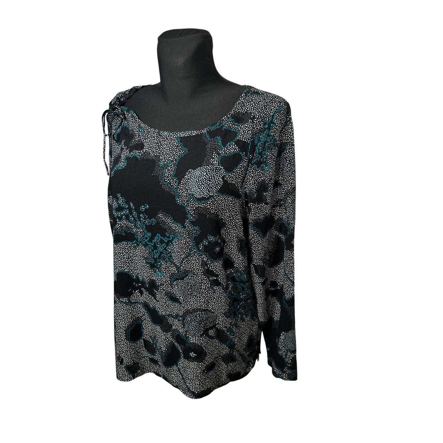 Damen Bluse Langarm Gr 38 Schwarz Grün Viskose Elegant Print Oberteil Modern