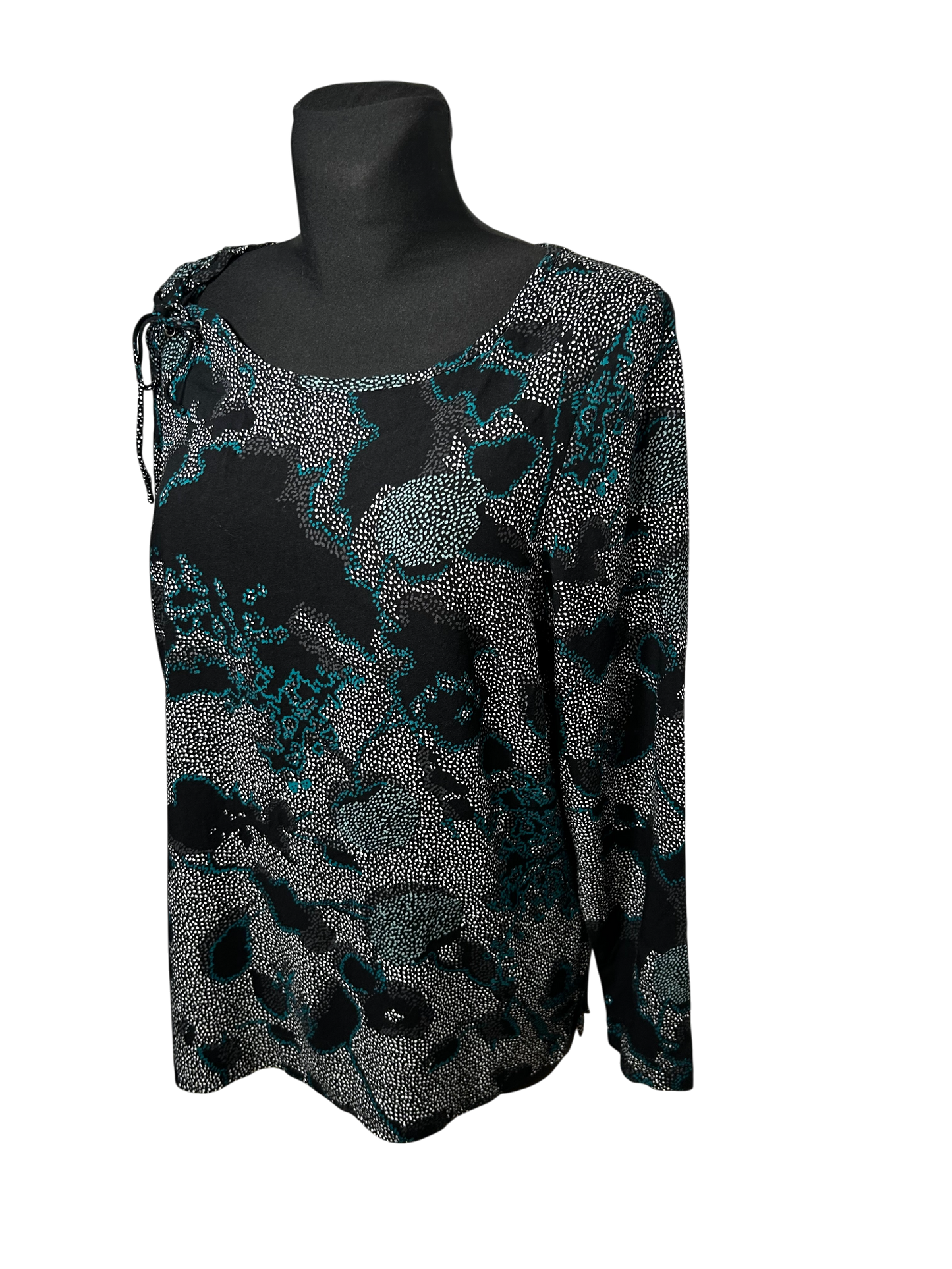 Damen Bluse Langarm Gr 38 Schwarz Grün Viskose Elegant Print Oberteil Modern