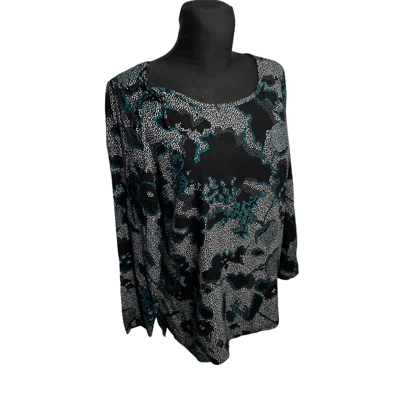 Damen Bluse Langarm Gr 38 Schwarz Grün Viskose Elegant Print Oberteil Modern