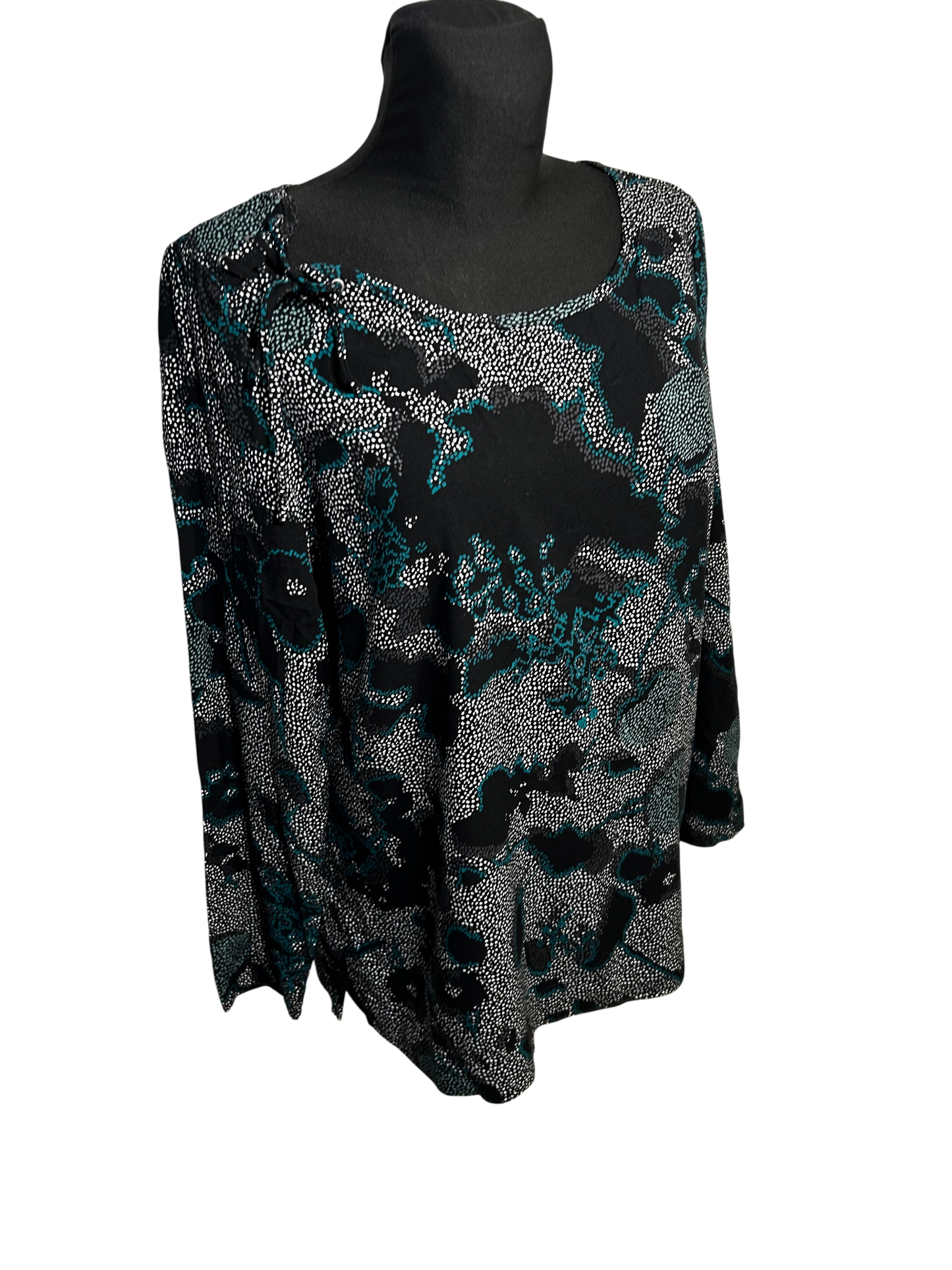 Damen Bluse Langarm Gr 38 Schwarz Grün Viskose Elegant Print Oberteil Modern