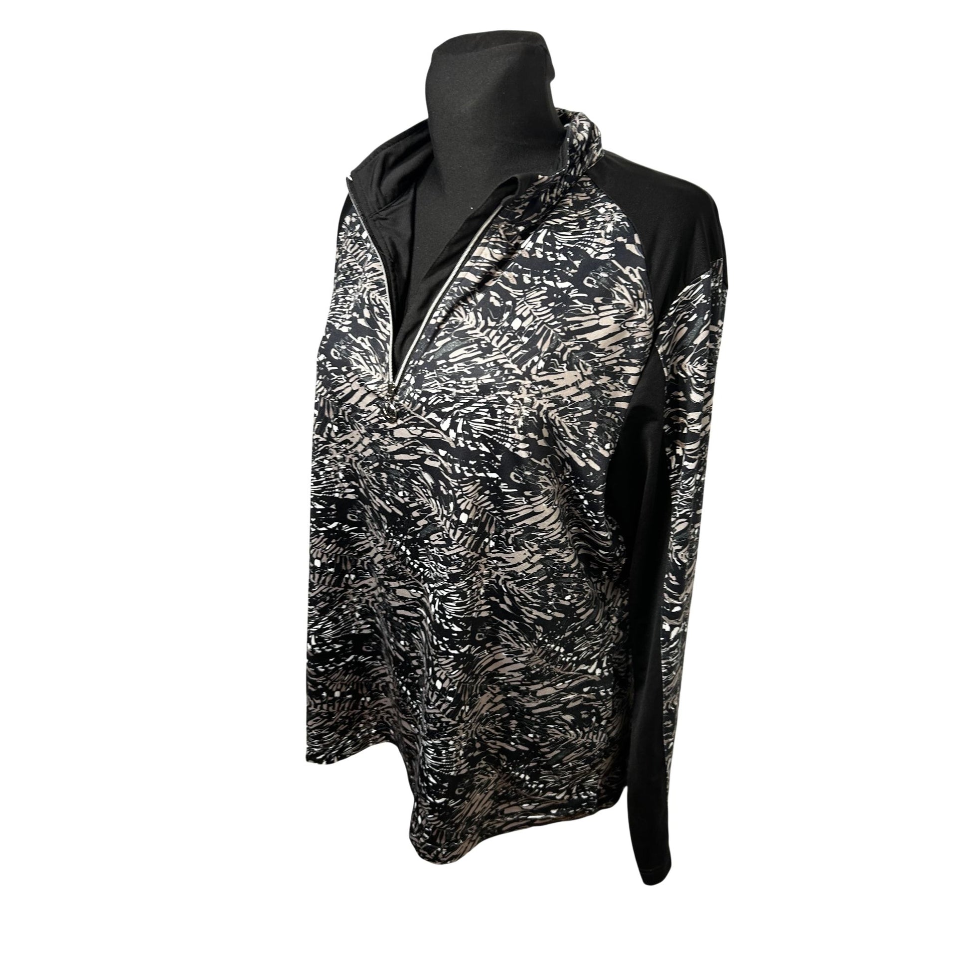 Damen Sportshirt Langarm Gr XXL Schwarz Grau Print Funktionsshirt Modern Elegant