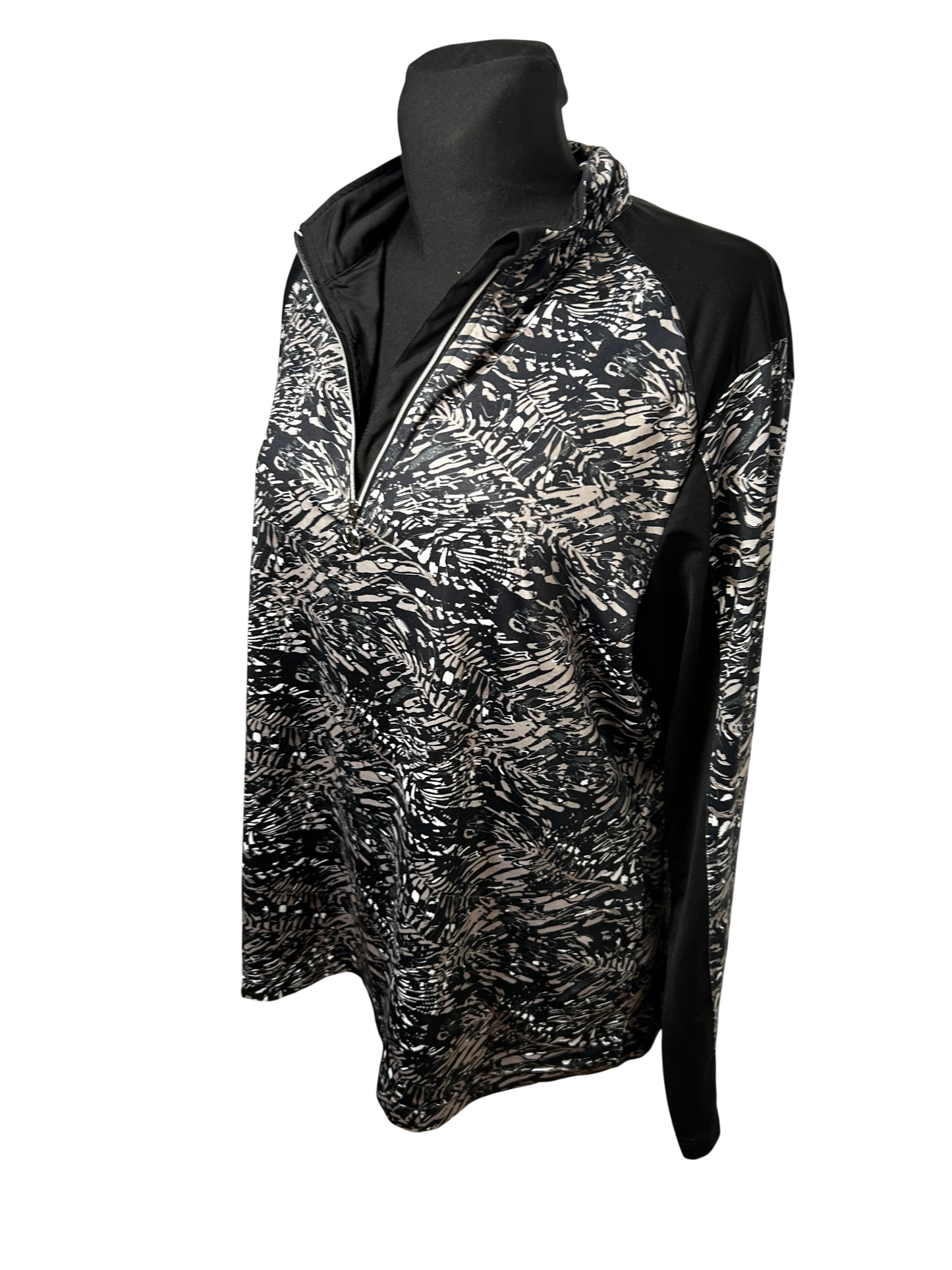 Damen Sportshirt Langarm Gr XXL Schwarz Grau Print Funktionsshirt Modern Elegant