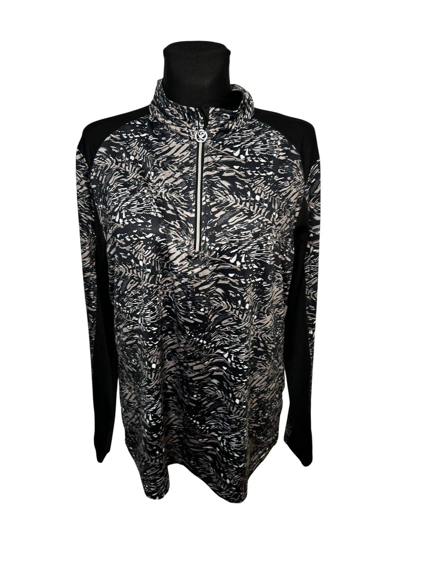 Damen Sportshirt Langarm Gr XXL Schwarz Grau Print Funktionsshirt Modern Elegant