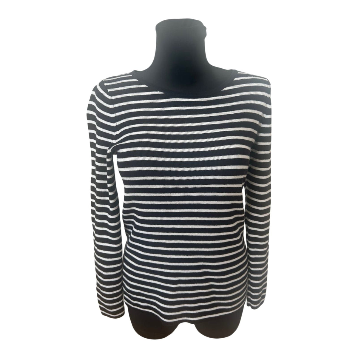 L.L. Bean Pullover Damen Gr M Schwarz Weiss Gestreift Langarm Stretch