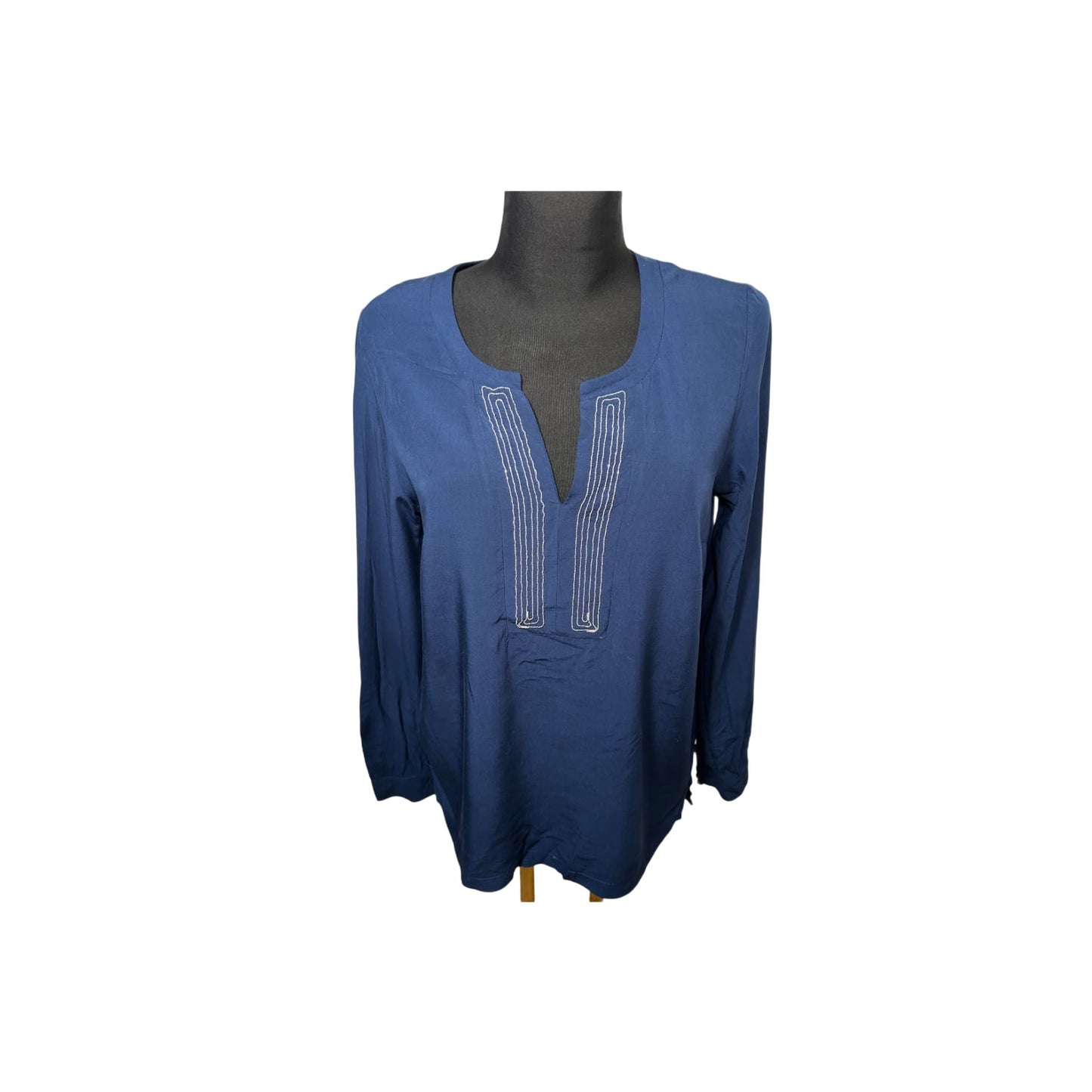 OPM Bluse Damen Gr 38 Viskose Langarm Navy Blau Stickerei Tunika Elegant Boho
