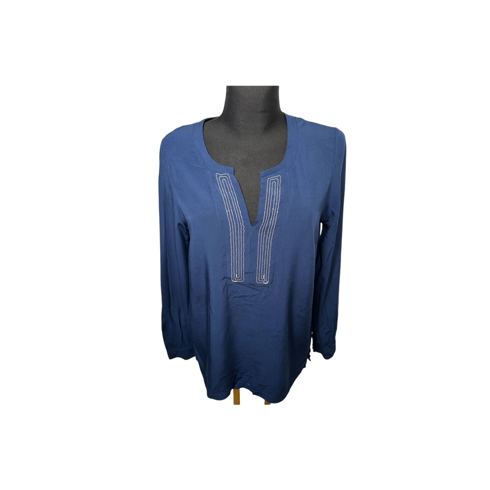 OPM Bluse Damen Gr 38 Viskose Langarm Navy Blau Stickerei Tunika Elegant Boho
