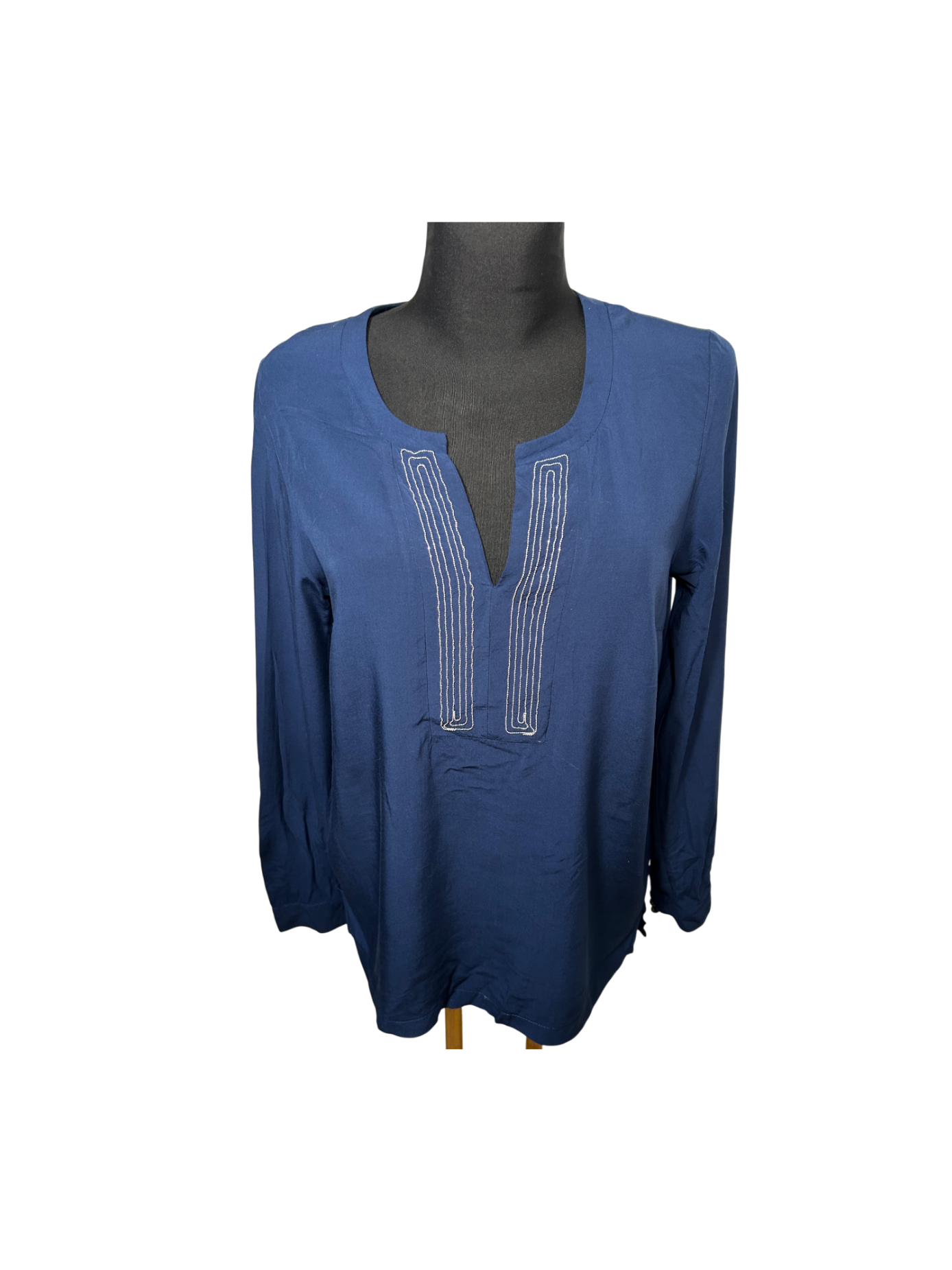 OPM Bluse Damen Gr 38 Viskose Langarm Navy Blau Stickerei Tunika Elegant Boho