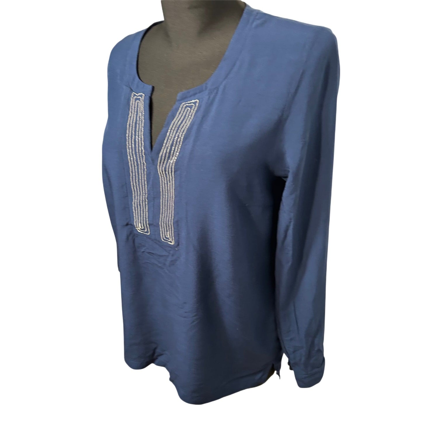 OPM Bluse Damen Gr 38 Viskose Langarm Navy Blau Stickerei Tunika Elegant Boho