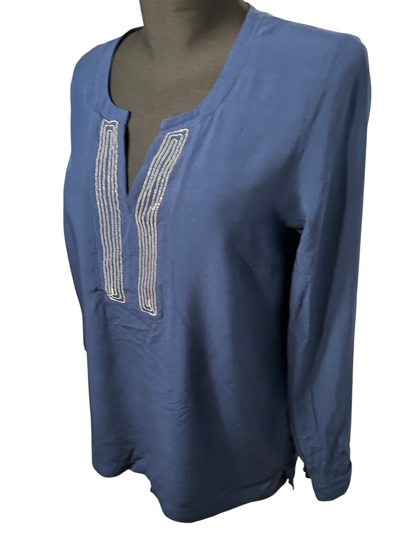 OPM Bluse Damen Gr 38 Viskose Langarm Navy Blau Stickerei Tunika Elegant Boho