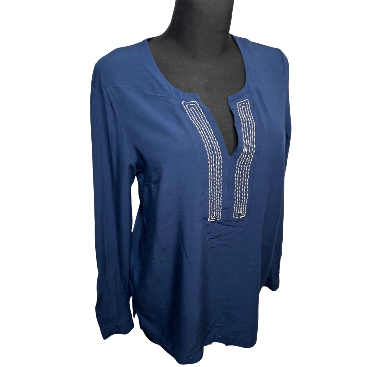 OPM Bluse Damen Gr 38 Viskose Langarm Navy Blau Stickerei Tunika Elegant Boho