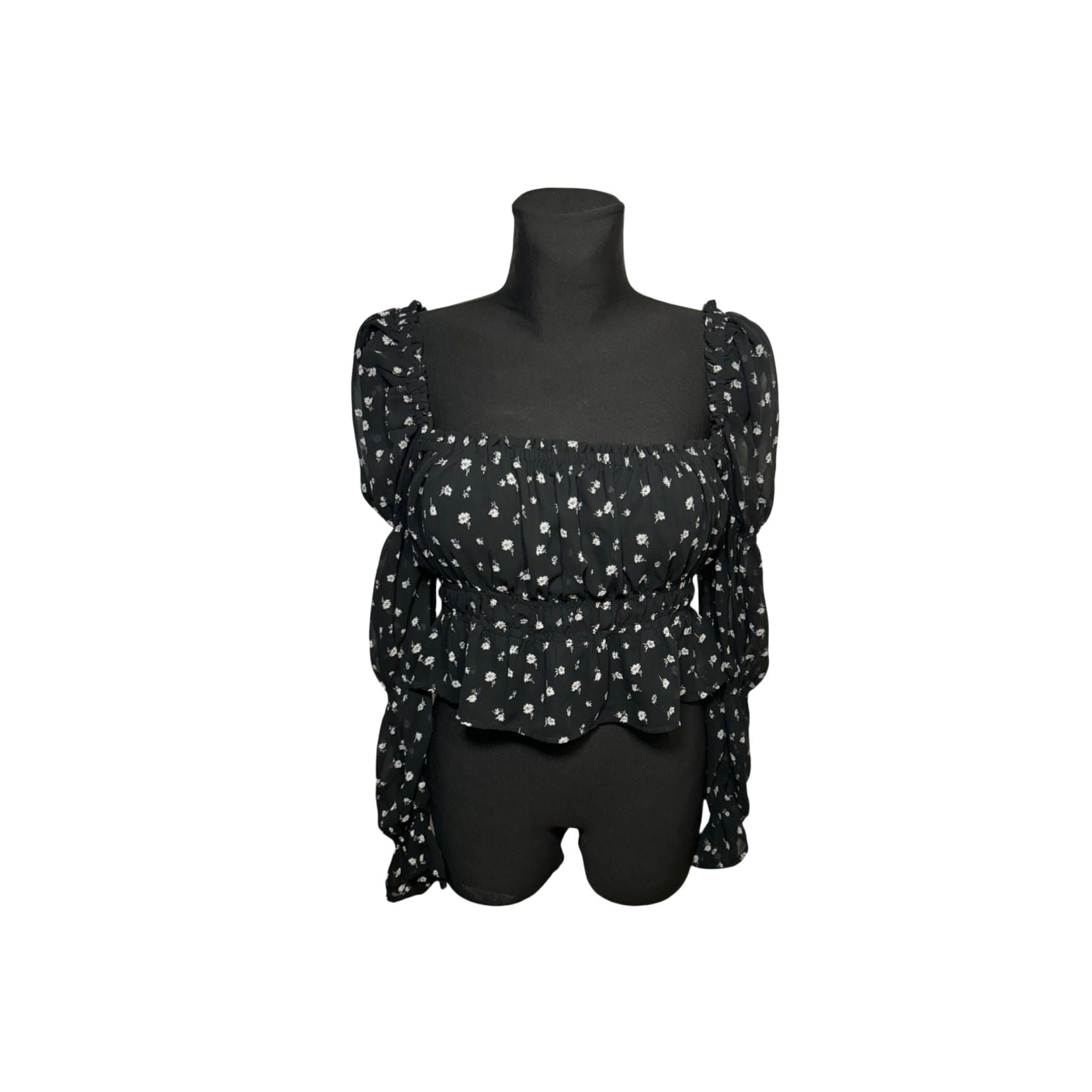 HM Divided Bluse Damen Gr M Schwarz Blumen Raffung Langarm Elegant Stretch Boho Top