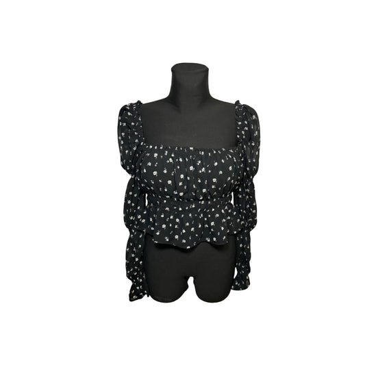 HM Divided Bluse Damen Gr M Schwarz Blumen Raffung Langarm Elegant Stretch Boho Top