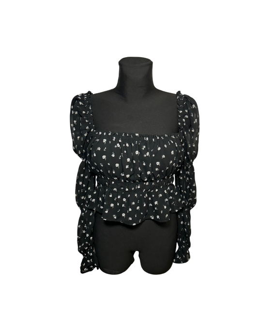 HM Divided Bluse Damen Gr M Schwarz Blumen Raffung Langarm Elegant Stretch Boho Top