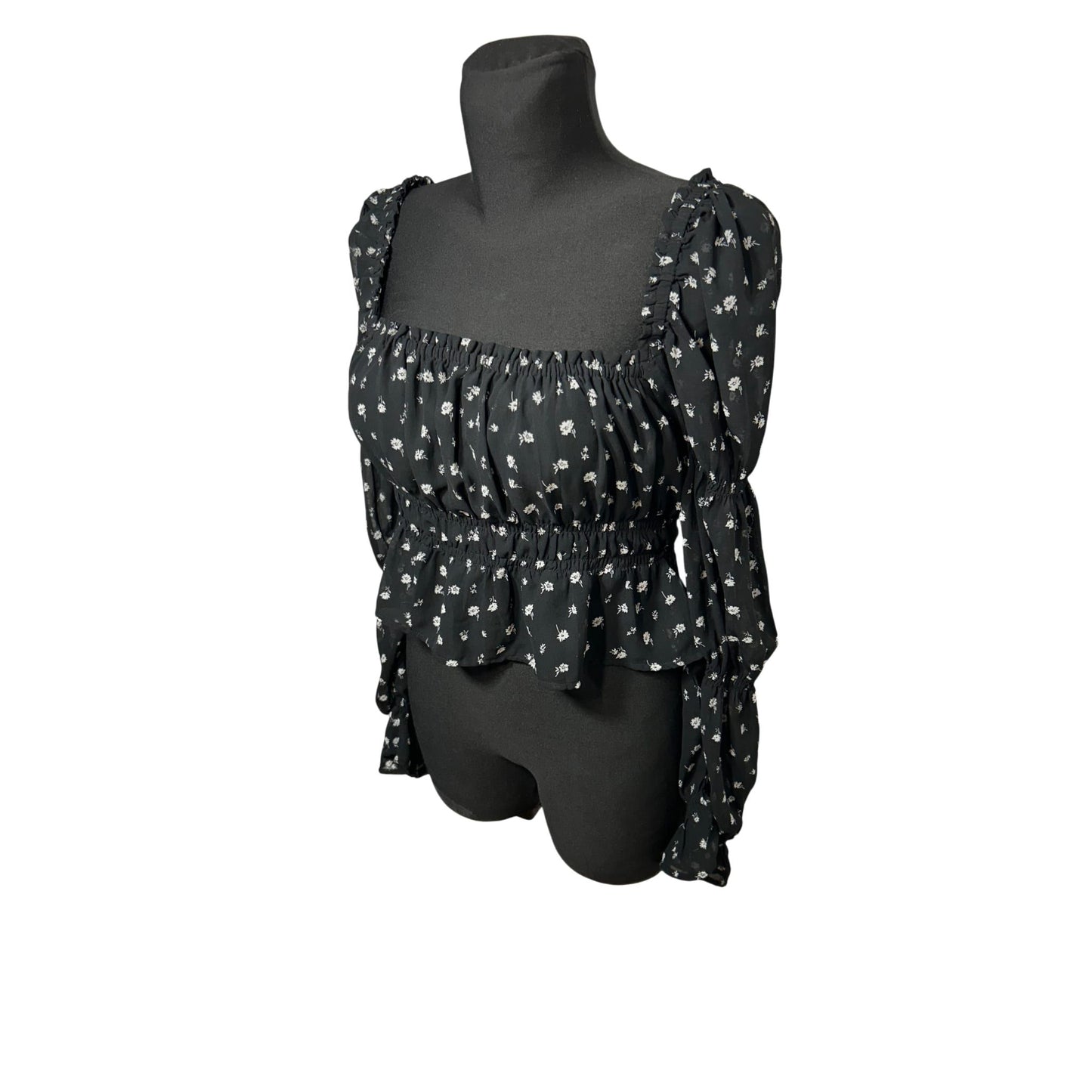 HM Divided Bluse Damen Gr M Schwarz Blumen Raffung Langarm Elegant Stretch Boho Top