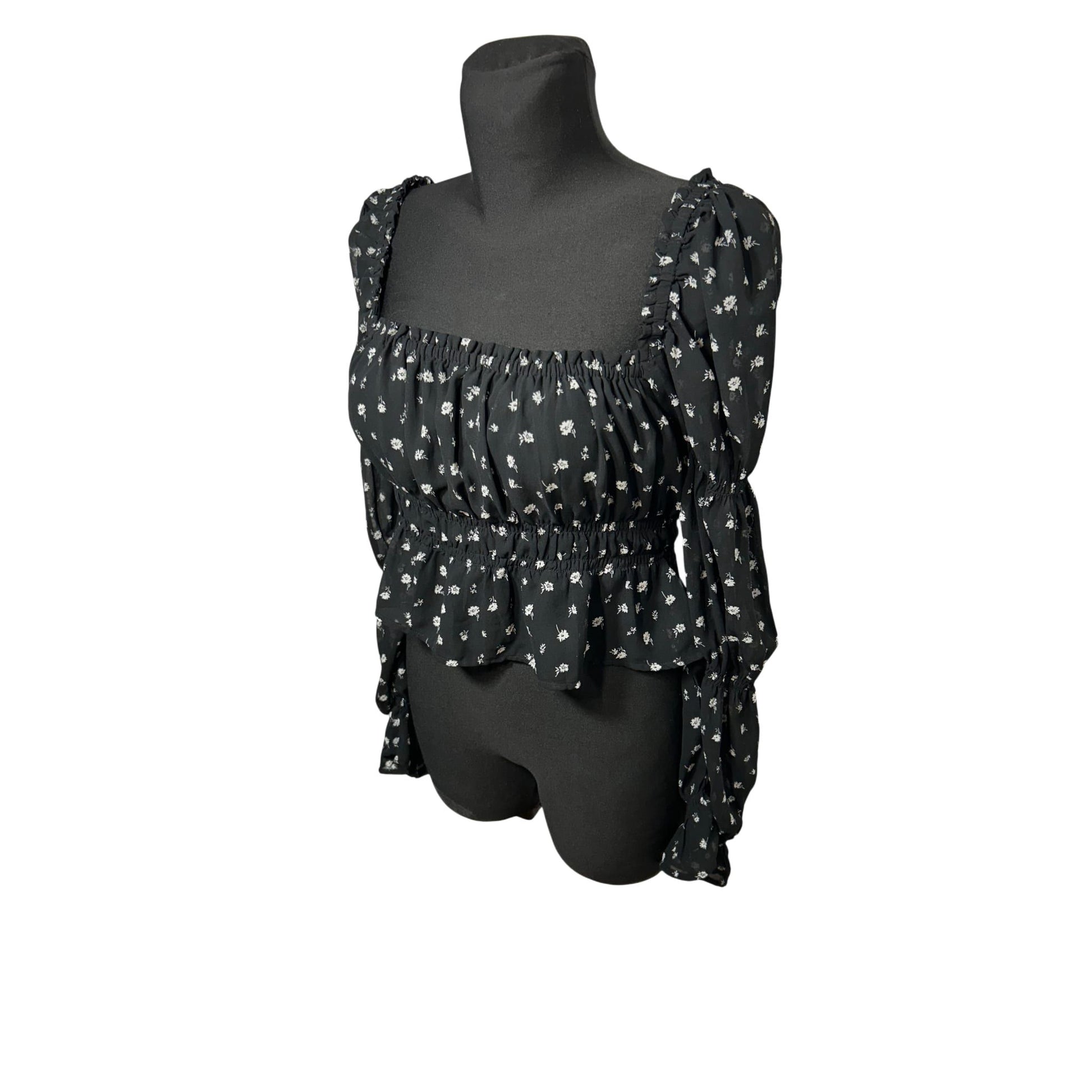 HM Divided Bluse Damen Gr M Schwarz Blumen Raffung Langarm Elegant Stretch Boho Top