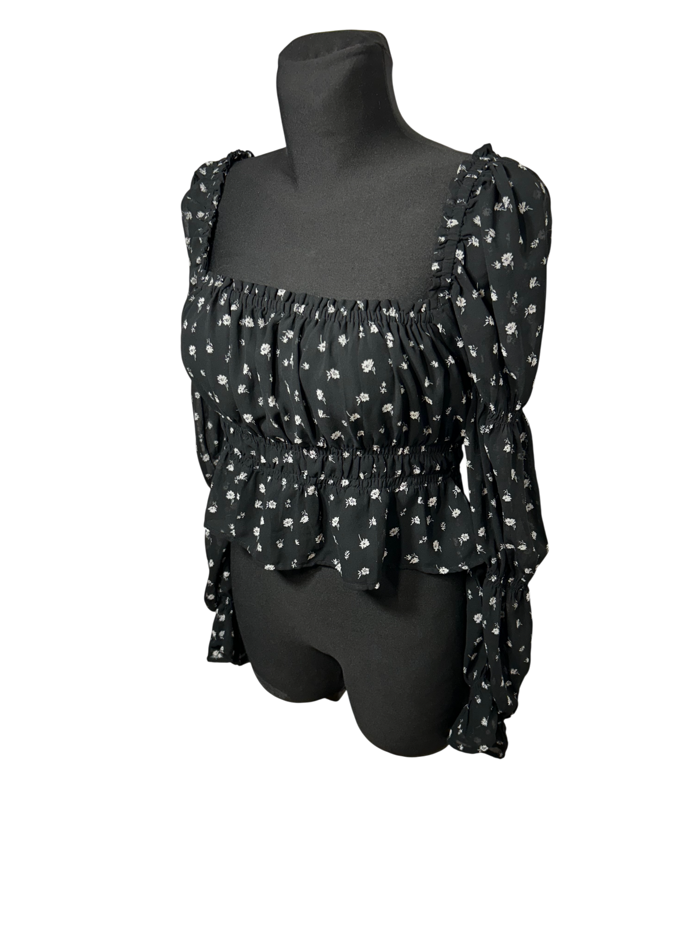 HM Divided Bluse Damen Gr M Schwarz Blumen Raffung Langarm Elegant Stretch Boho Top