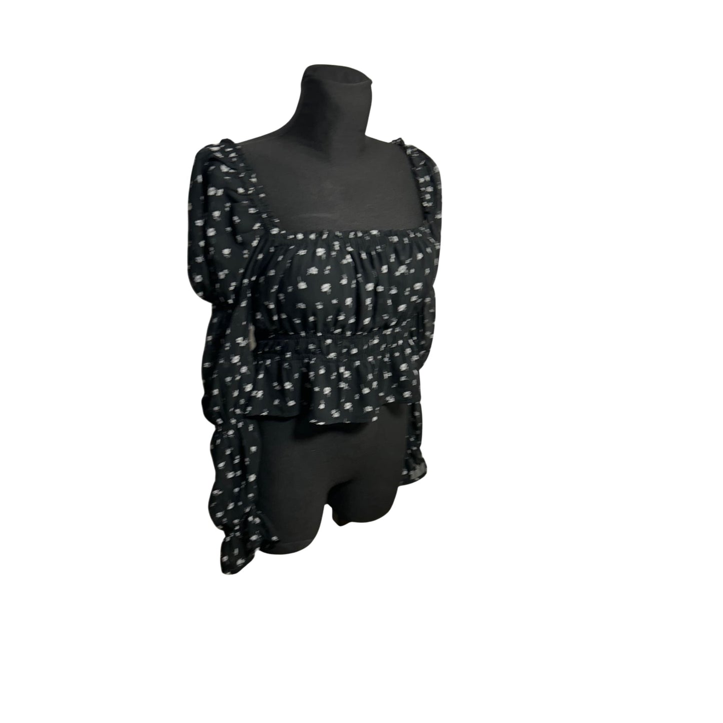 HM Divided Bluse Damen Gr M Schwarz Blumen Raffung Langarm Elegant Stretch Boho Top