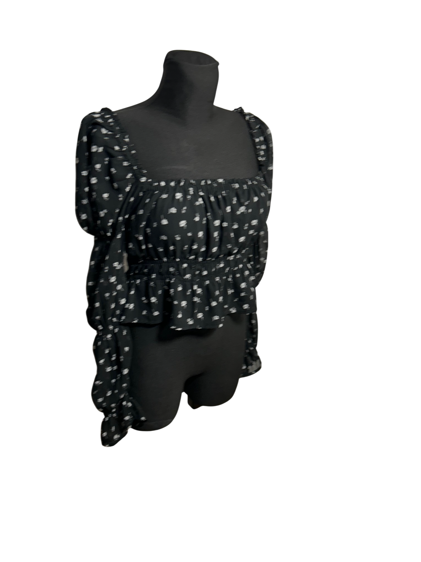 HM Divided Bluse Damen Gr M Schwarz Blumen Raffung Langarm Elegant Stretch Boho Top