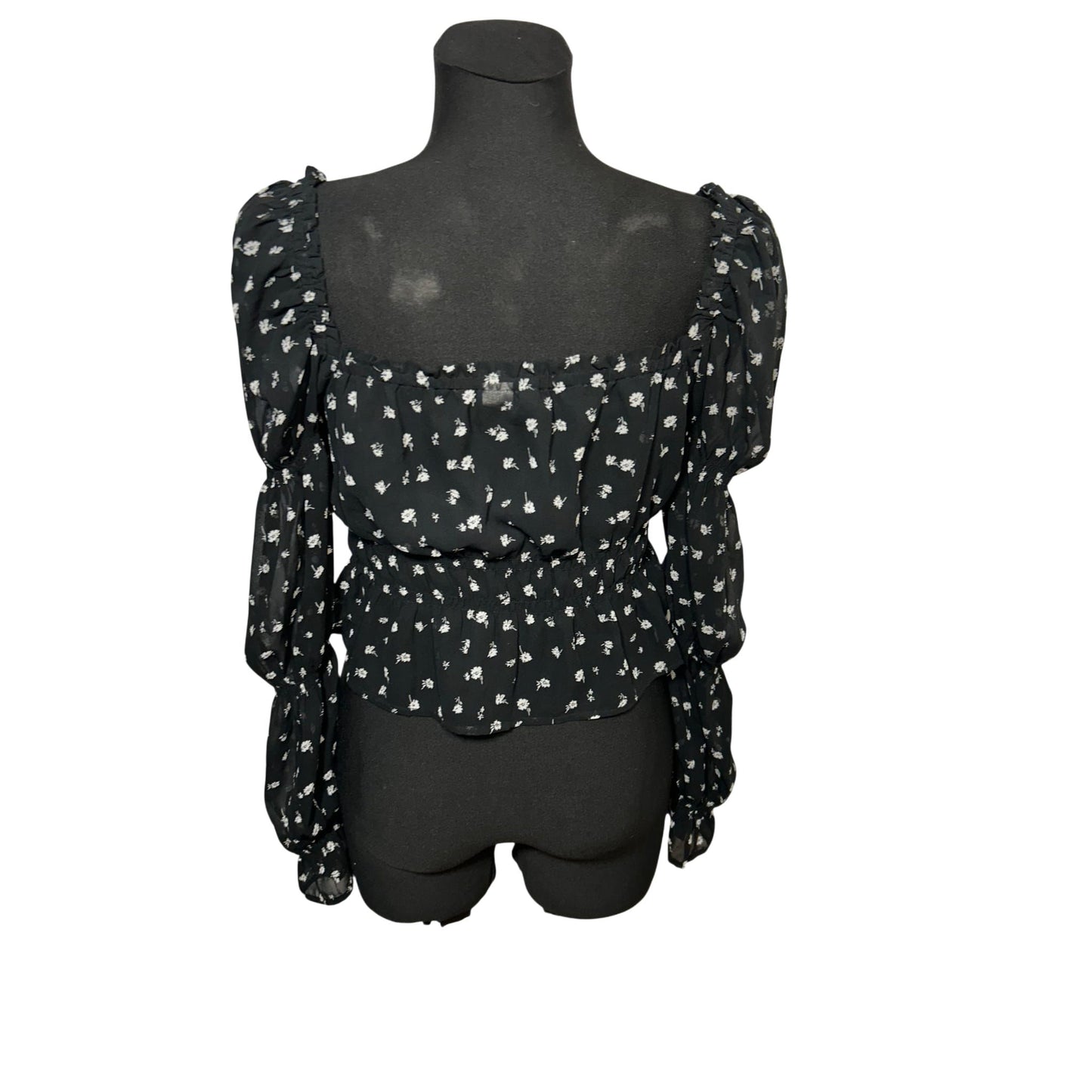 HM Divided Bluse Damen Gr M Schwarz Blumen Raffung Langarm Elegant Stretch Boho Top