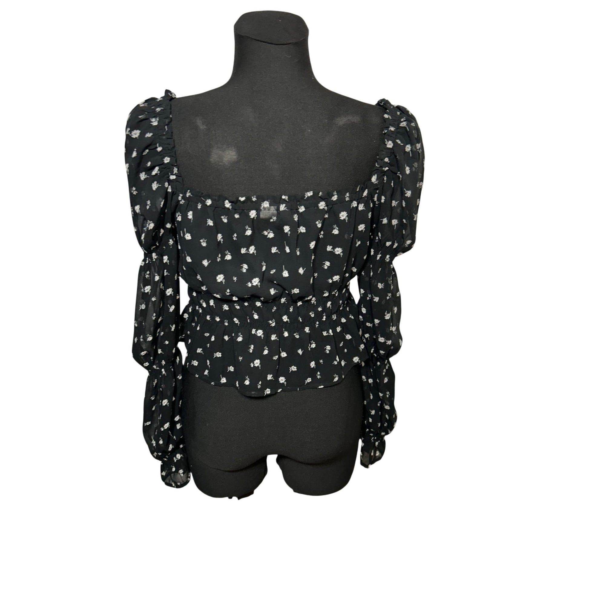 HM Divided Bluse Damen Gr M Schwarz Blumen Raffung Langarm Elegant Stretch Boho Top