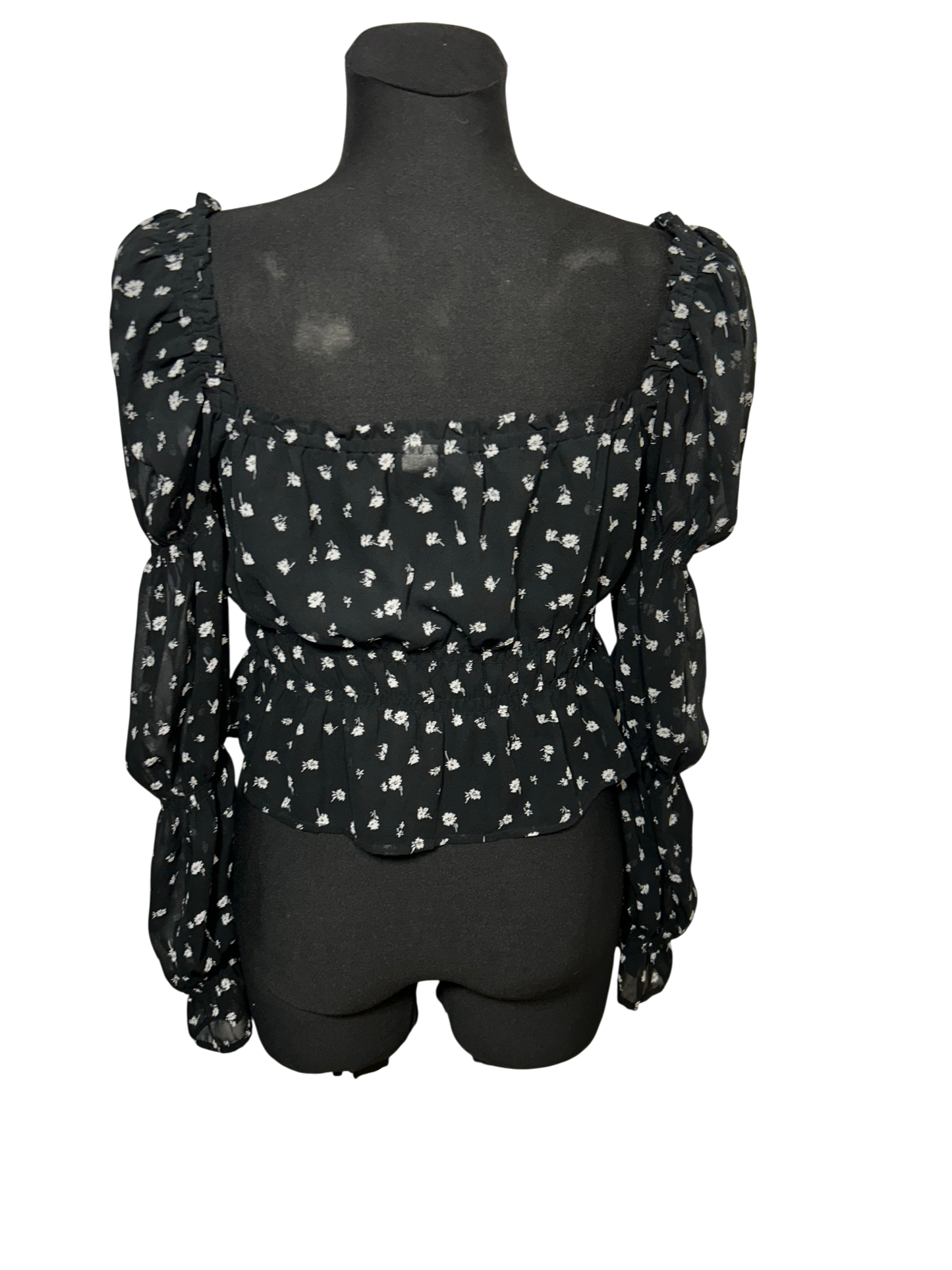 HM Divided Bluse Damen Gr M Schwarz Blumen Raffung Langarm Elegant Stretch Boho Top