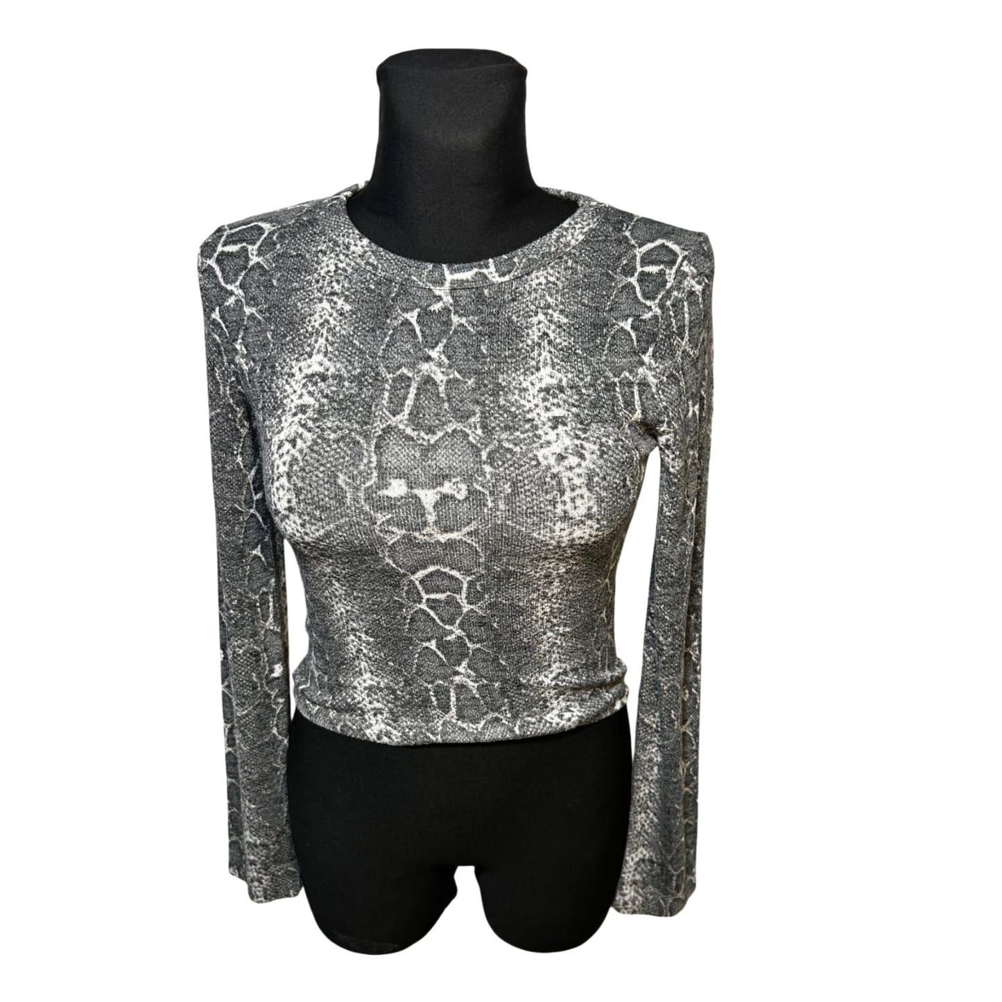 Zara Damen Oberteil Shirt Top Gr S Grau Stretch Baumwollmix Schlangenmuster