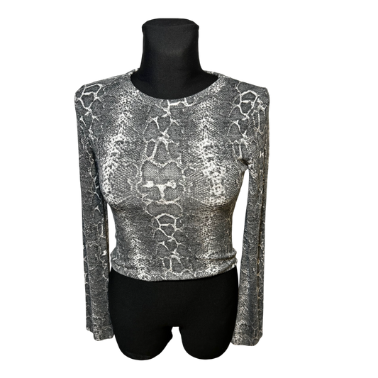 Zara Damen Oberteil Shirt Top Gr S Grau Stretch Baumwollmix Schlangenmuster