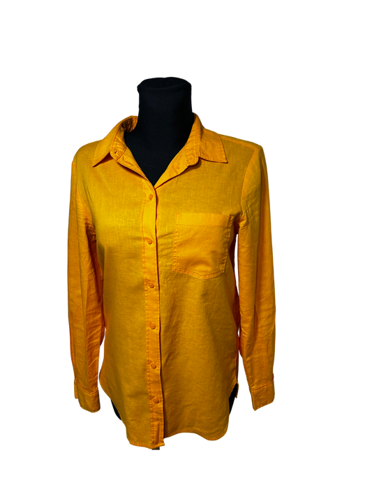Damen Bluse Langarm Gr XS Orange Leinen Baumwolle Hemdbluse Basic Sommer Elegant