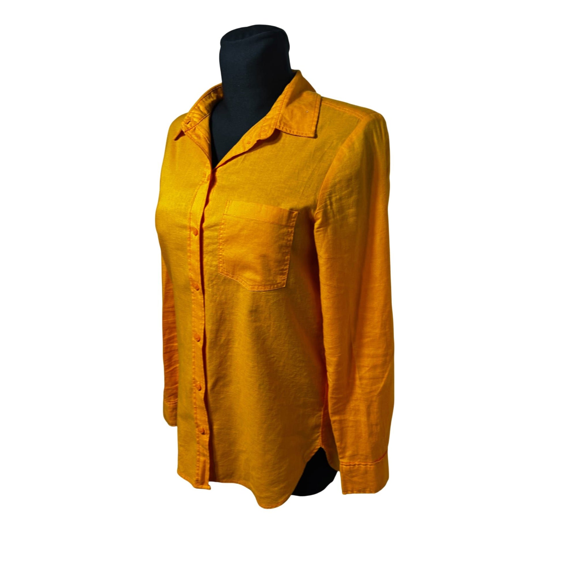 Damen Bluse Langarm Gr XS Orange Leinen Baumwolle Hemdbluse Basic Sommer Elegant