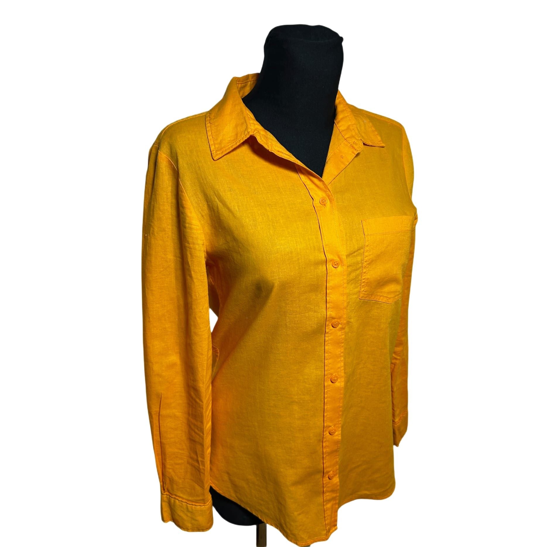 Damen Bluse Langarm Gr XS Orange Leinen Baumwolle Hemdbluse Basic Sommer Elegant