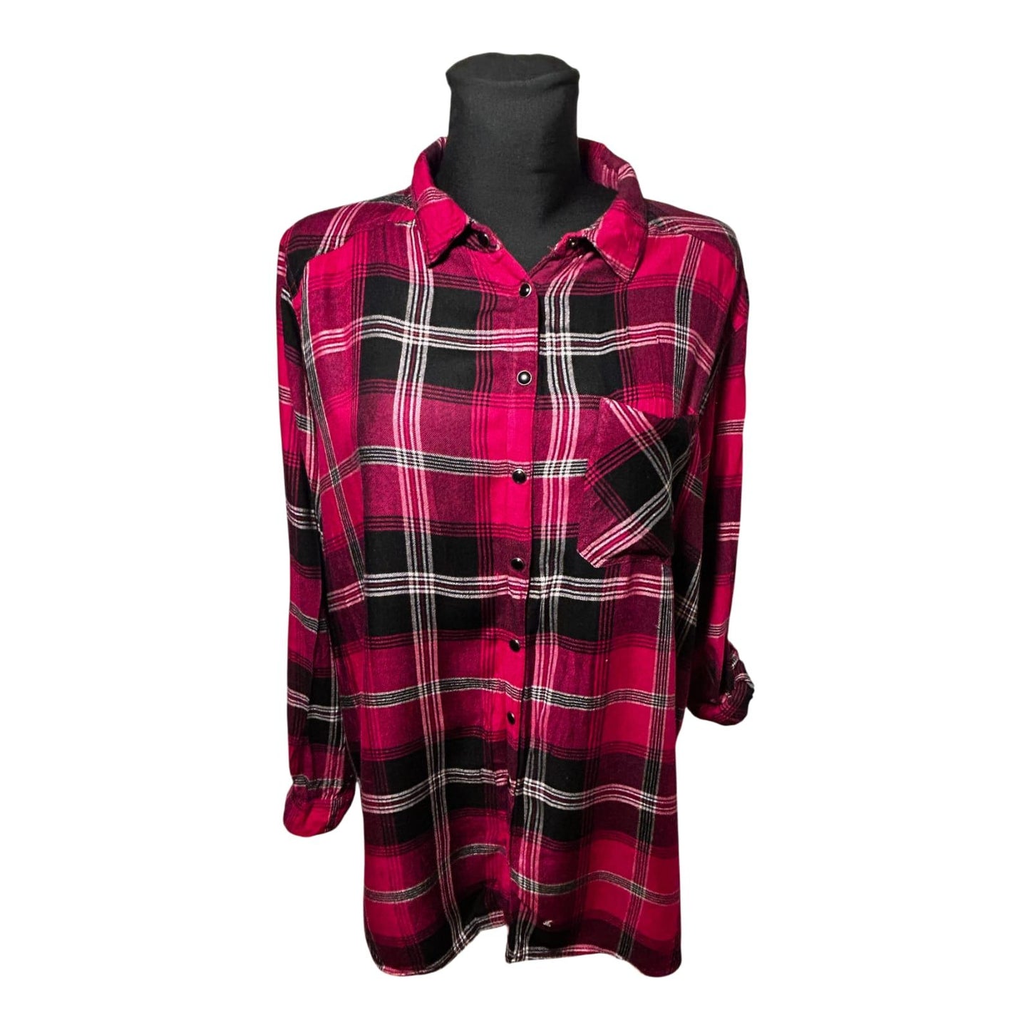 Gina Benotti Bluse Kariert Gr XL Rot Schwarz Langarm Krempelärmel Viskose Damen