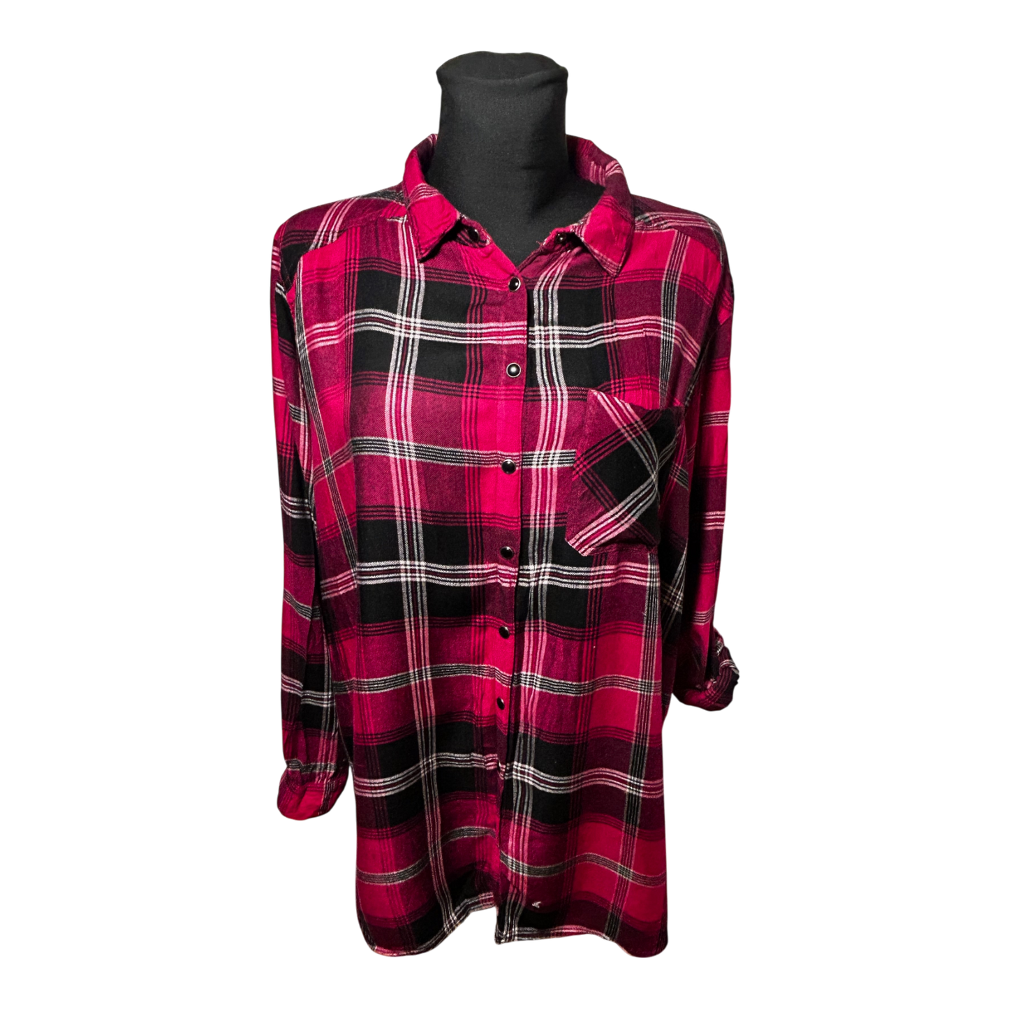 Gina Benotti Bluse Kariert Gr XL Rot Schwarz Langarm Krempelärmel Viskose Damen