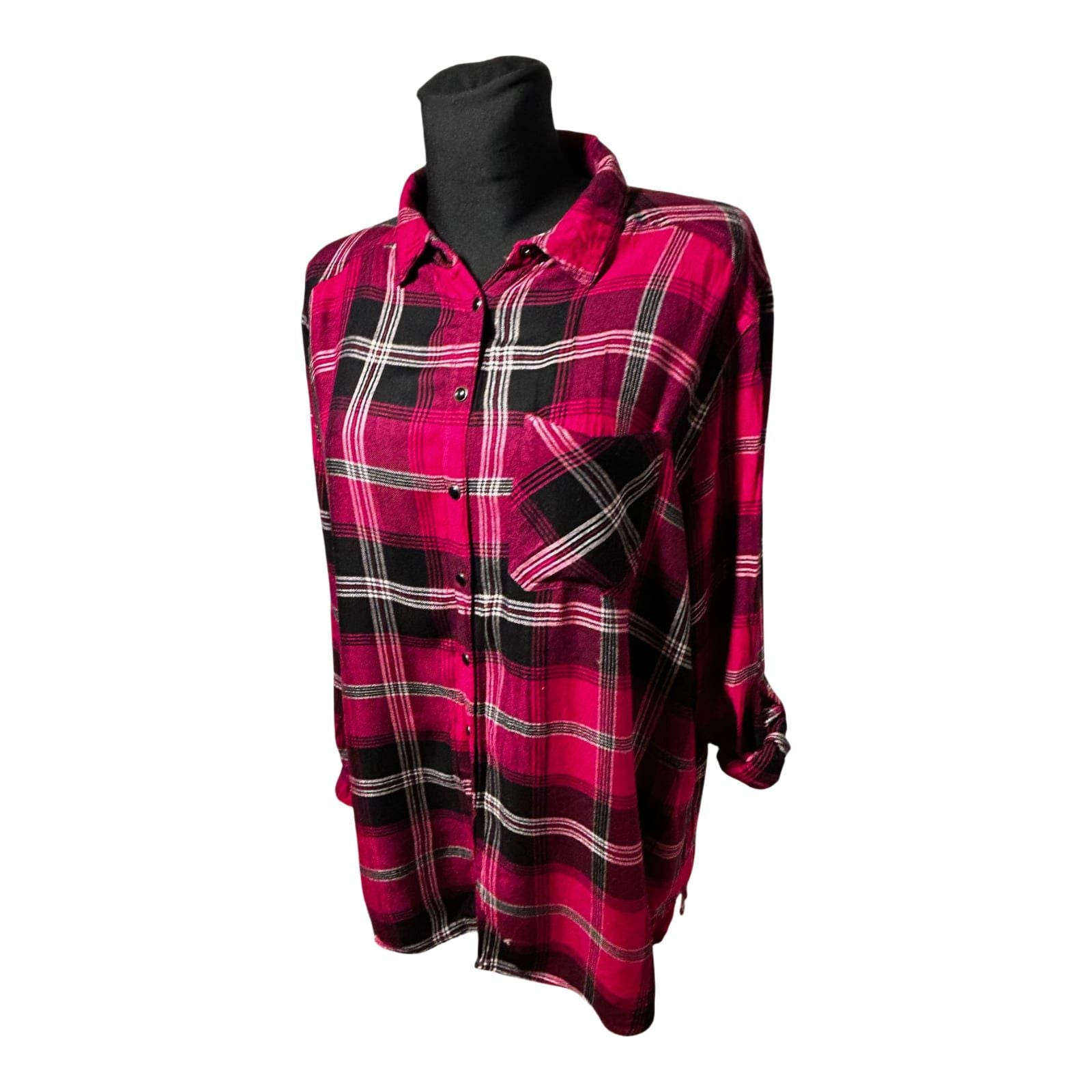 Gina Benotti Bluse Kariert Gr XL Rot Schwarz Langarm Krempelärmel Viskose Damen