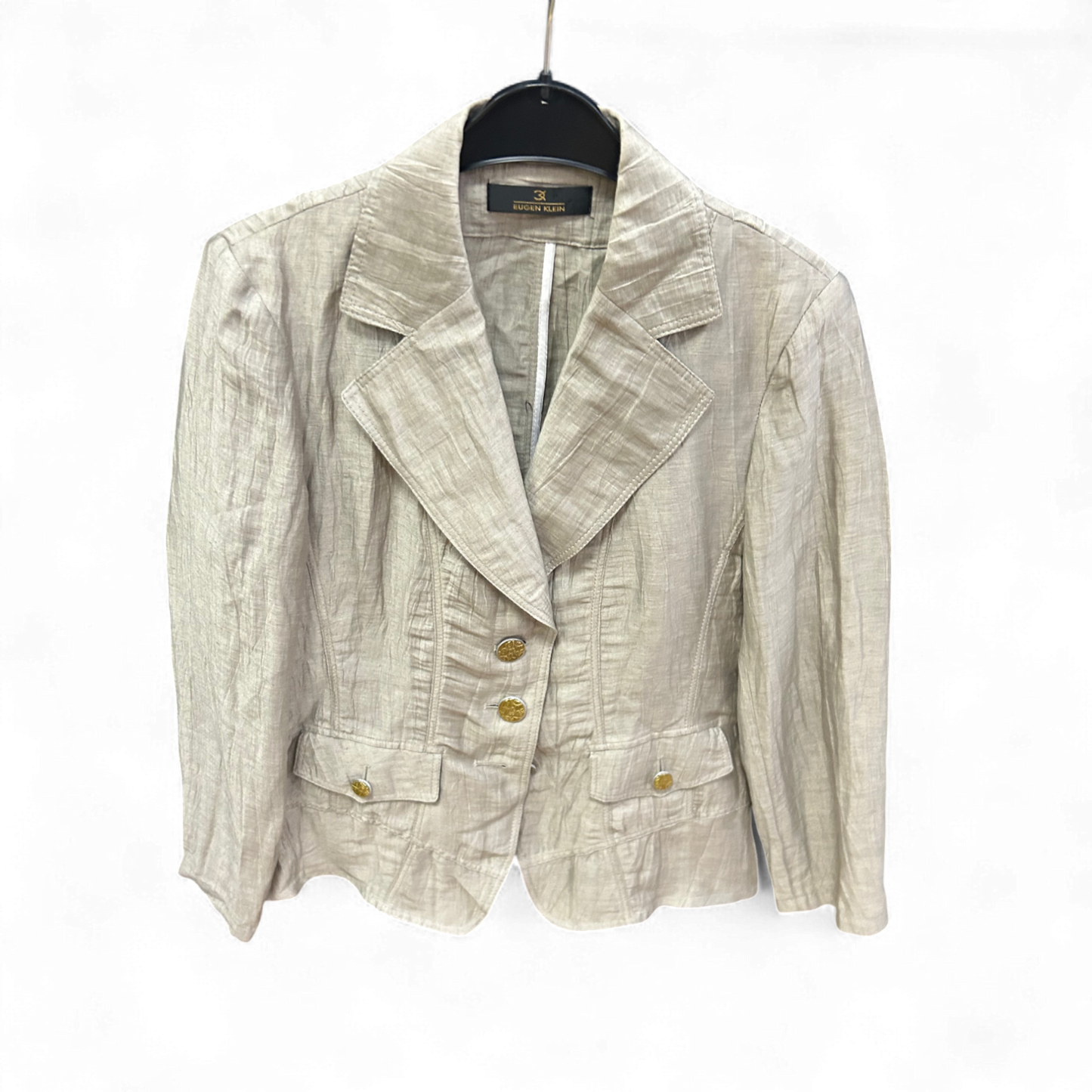 Eugen Klein Blazer Größe M Beige Glanzstruktur Tailliert Goldknöpfe Damen