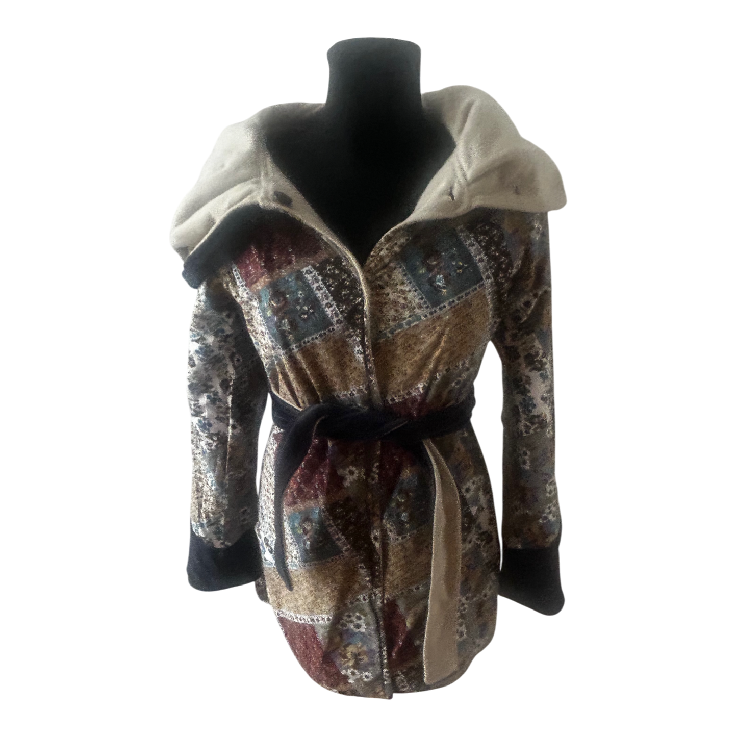 Wendejacke Damen XS Wollanteil Patchwork Kapuze Samtdetails Tailliert Beige Bunt