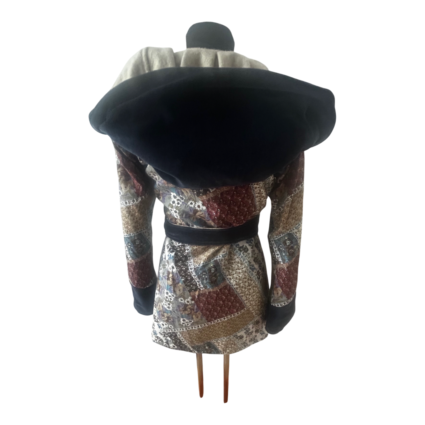 Wendejacke Damen XS Wollanteil Patchwork Kapuze Samtdetails Tailliert Beige Bunt