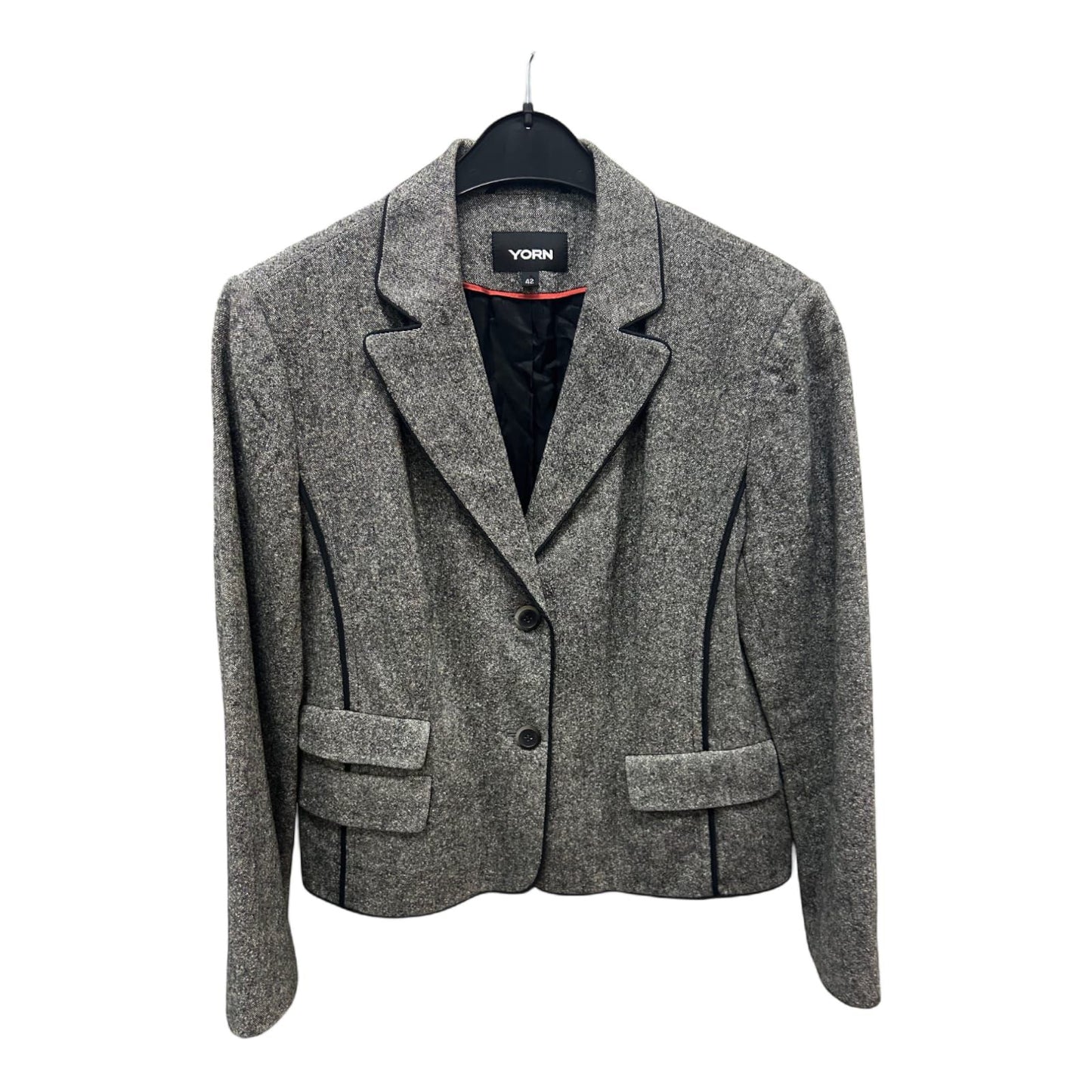 Yorn Blazer Größe 42 Grau Wollmix Seide Schwarz Paspel Elegant Hochwertig Damen